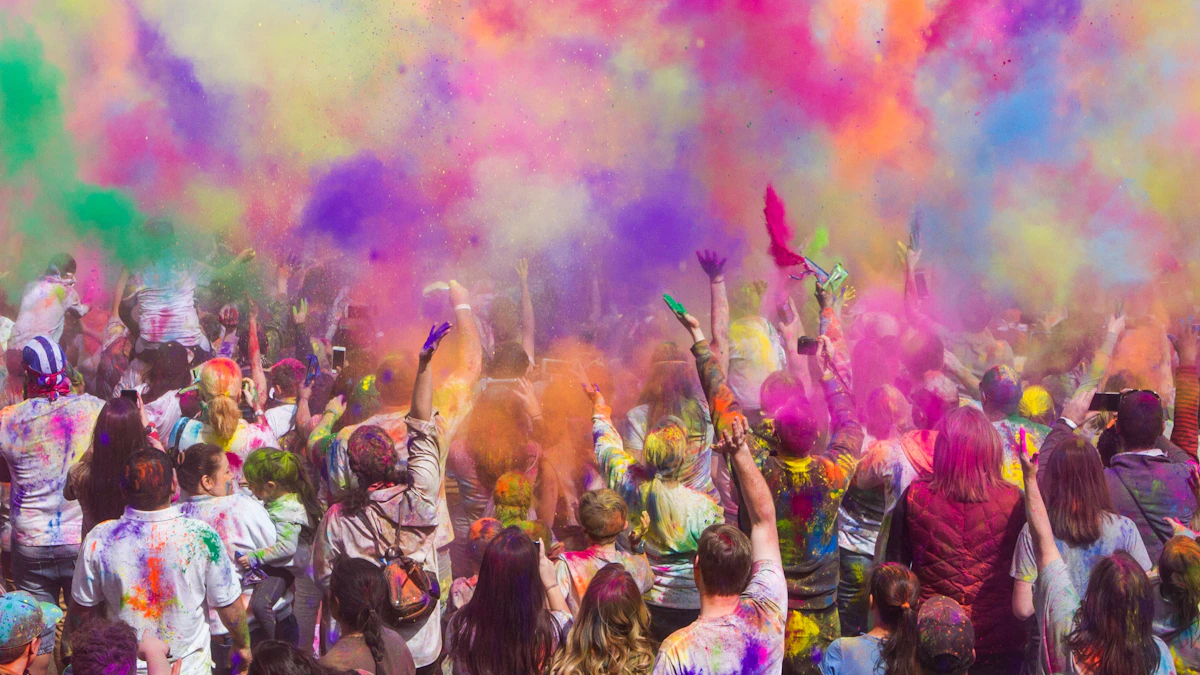 Joyful crowd celebrating a colourful Holi festival together